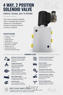 Électrovanne hydraulique 12 V à 4 voies et 2 positions, bobine unique, rappel par ressort, 3000 PSI